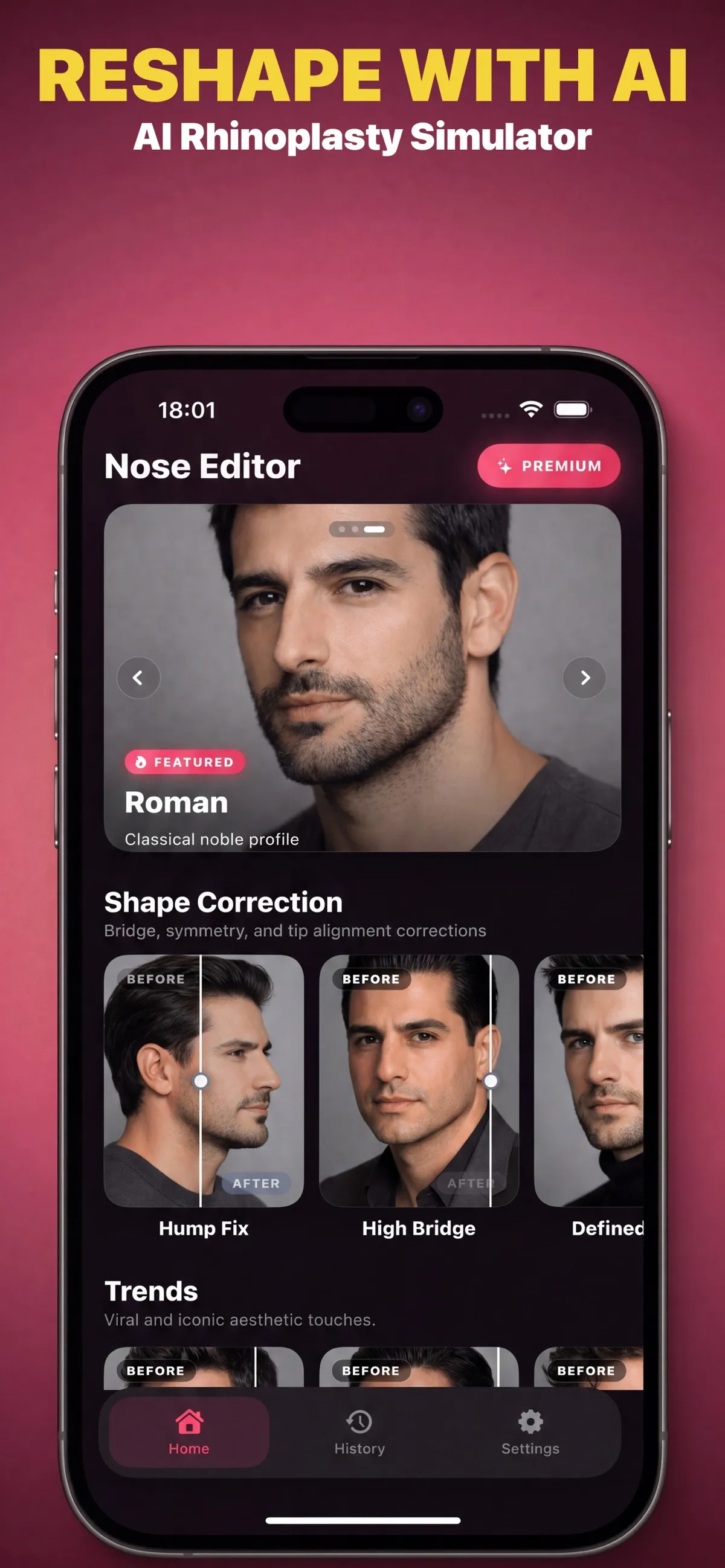 NoseLook home screen showing a Roman-inspired nose style preview